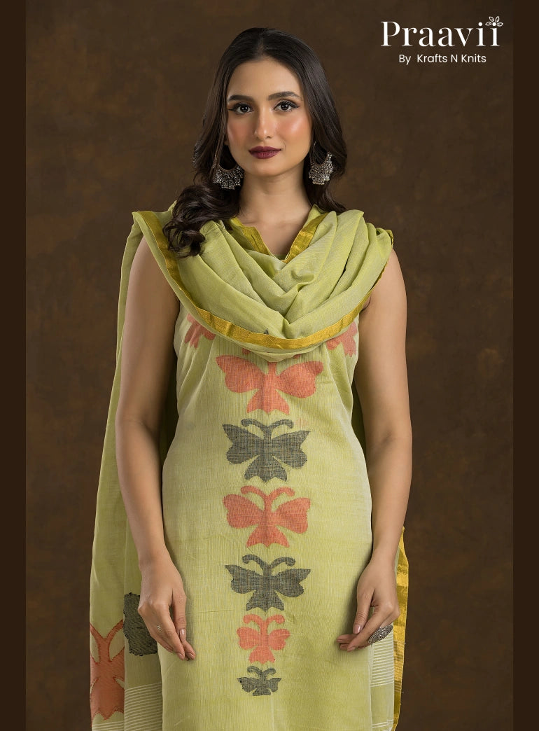 Avocado Green Unstitched Cotton Jamdani 2-Piece Suit Set