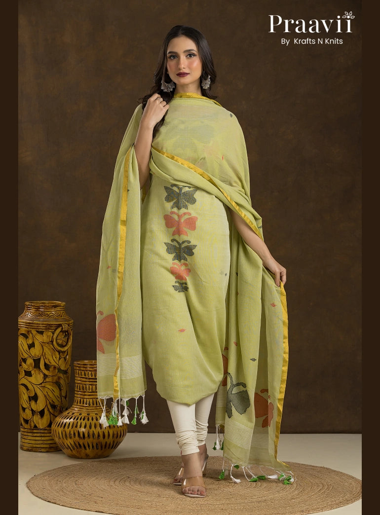 Avocado Green Unstitched Cotton Jamdani 2-Piece Suit Set