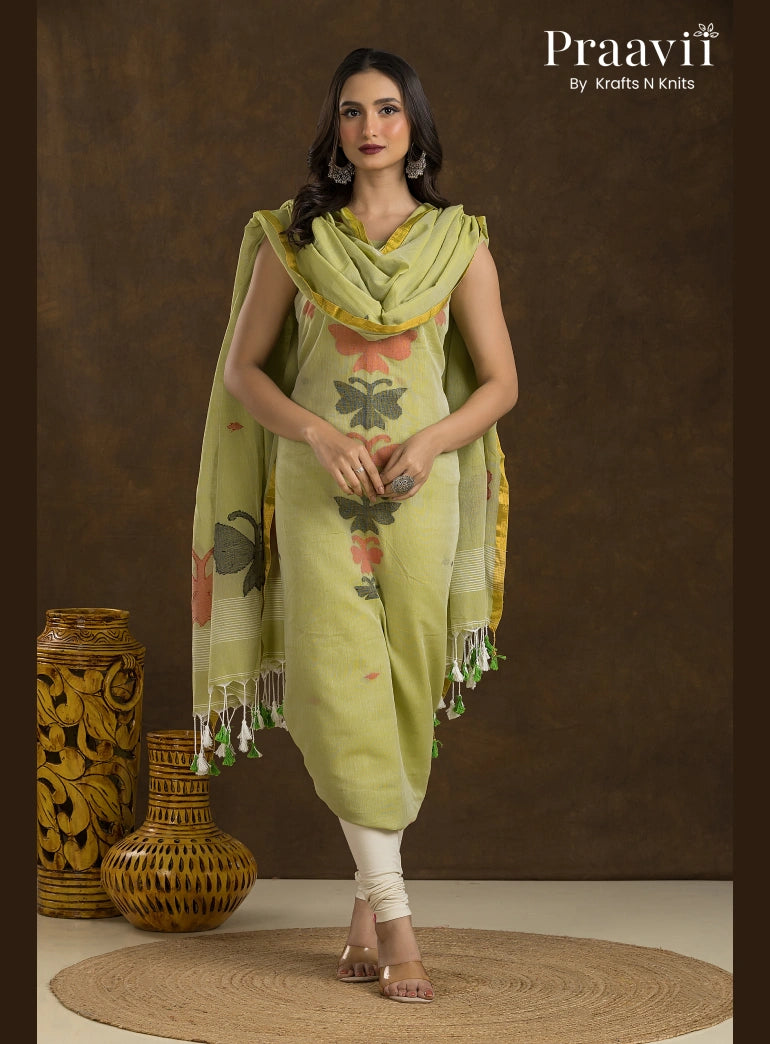 Avocado Green Unstitched Cotton Jamdani 2-Piece Suit Set
