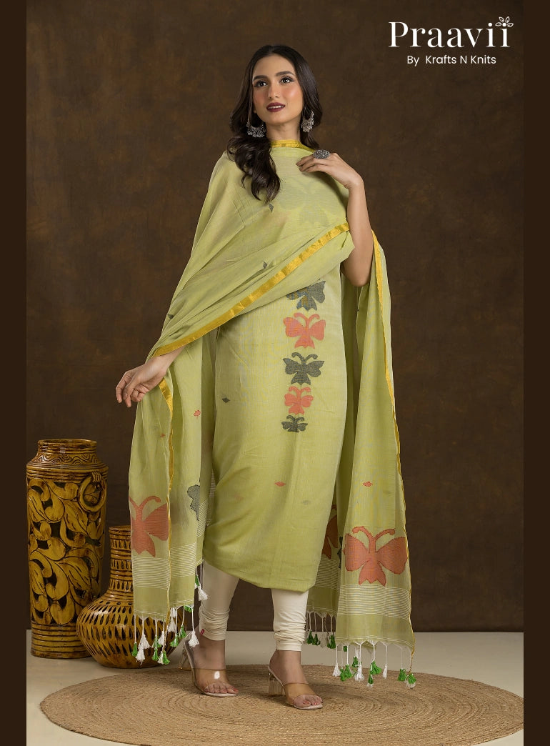 Avocado Green Unstitched Cotton Jamdani 2-Piece Suit Set