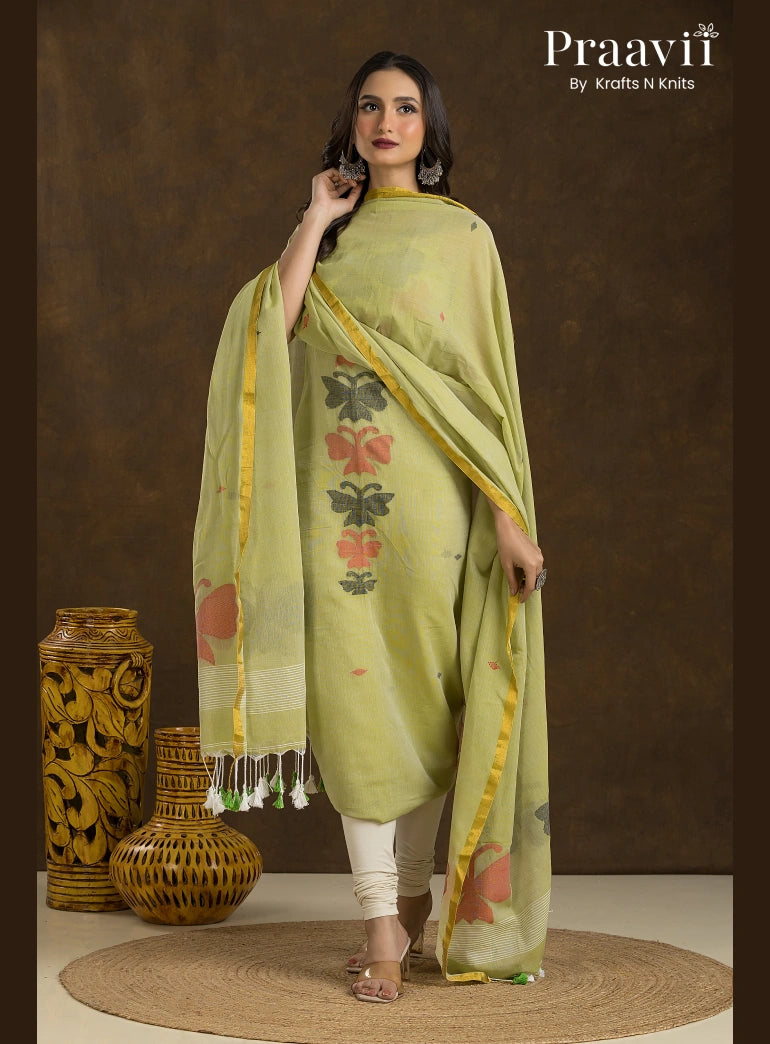 Avocado Green Unstitched Cotton Jamdani 2-Piece Suit Set
