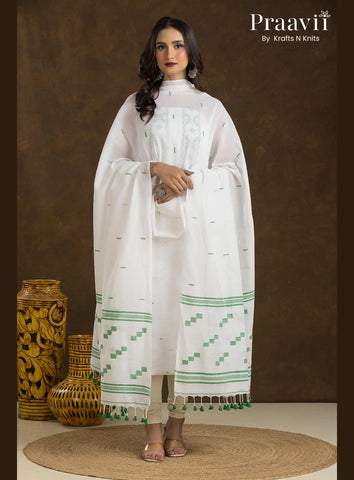 White and green Unstitched Cotton Jamdani 2-Piece Suit Set Dhakai
