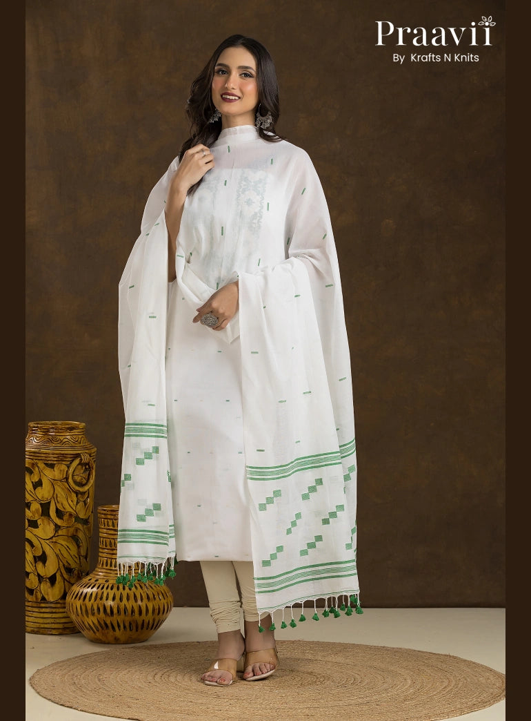 White and green Unstitched Cotton Jamdani 2-Piece Suit Set Dhakai