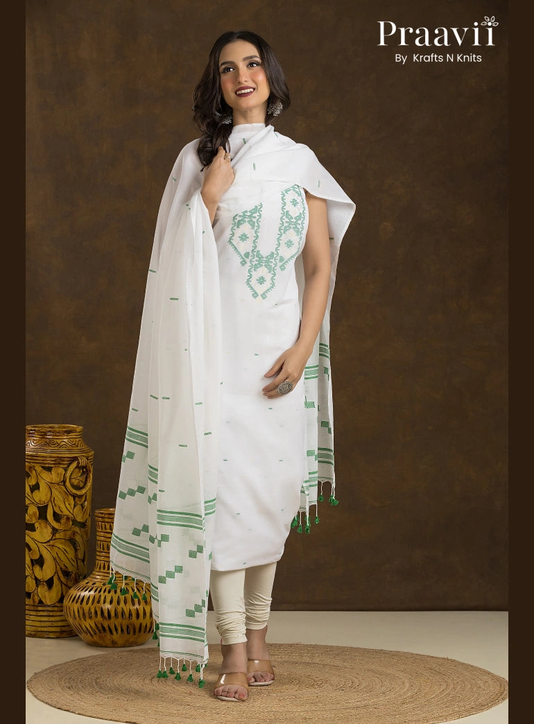 White and green Unstitched Cotton Jamdani 2-Piece Suit Set Dhakai