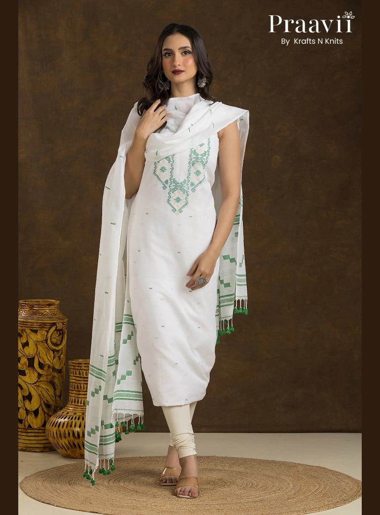 White and green Unstitched Cotton Jamdani 2-Piece Suit Set Dhakai