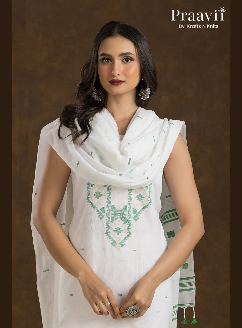 White and green Unstitched Cotton Jamdani 2-Piece Suit Set Dhakai