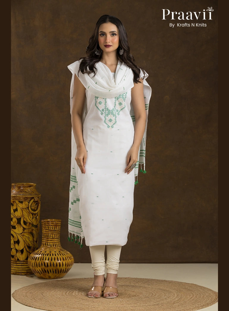 White and green Unstitched Cotton Jamdani 2-Piece Suit Set Dhakai