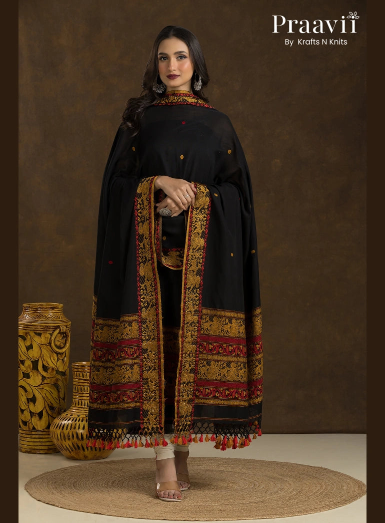Black Cotton Baluchari Jamdani Unstitched 2-Piece Suit Set
