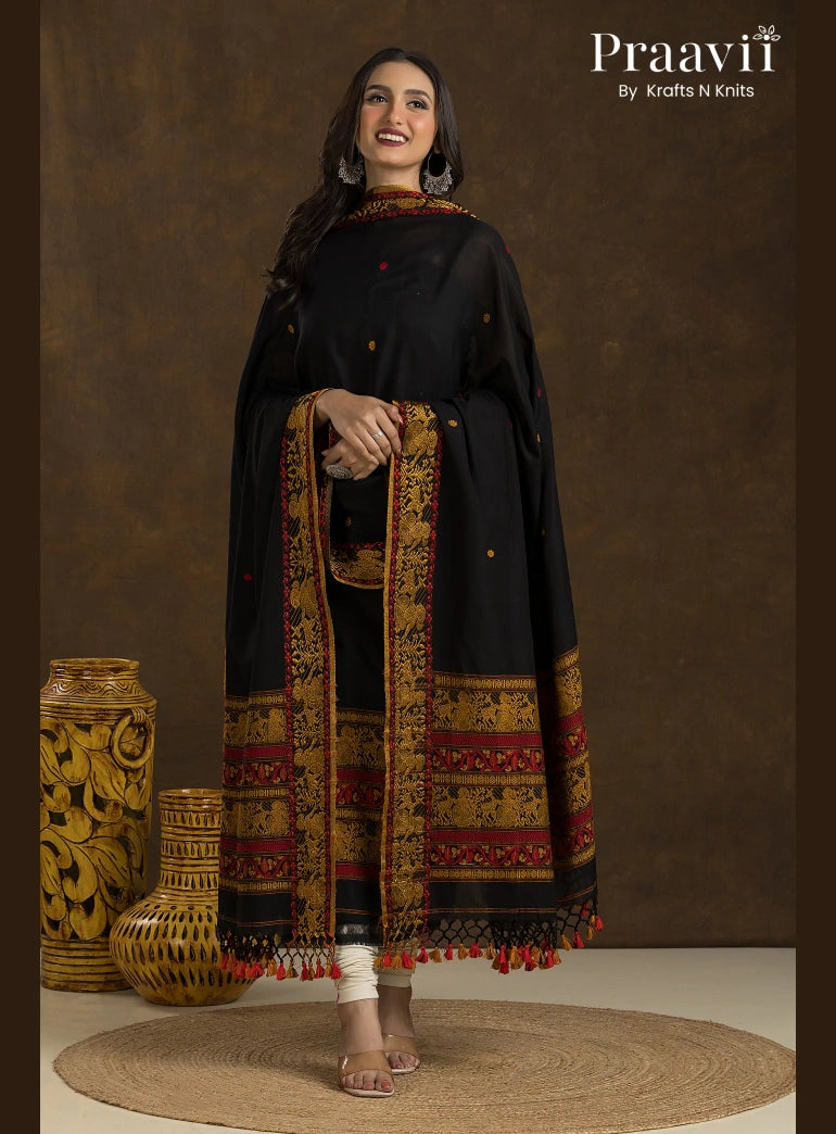 Black Cotton Baluchari Jamdani Unstitched 2-Piece Suit Set