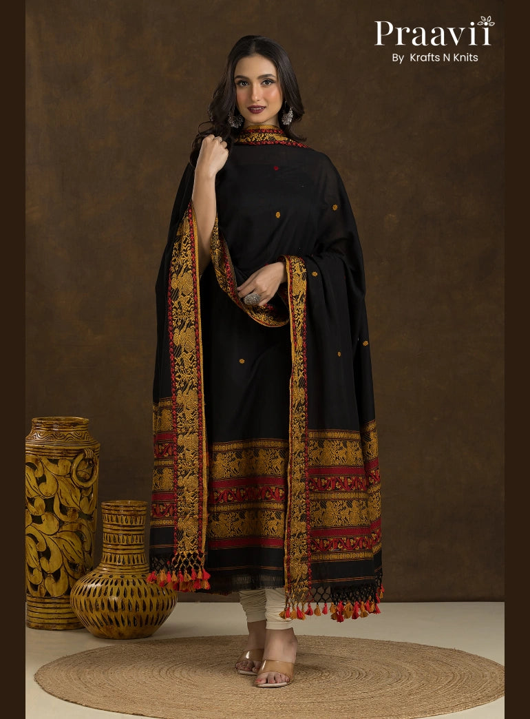 Black Cotton Baluchari Jamdani Unstitched 2-Piece Suit Set
