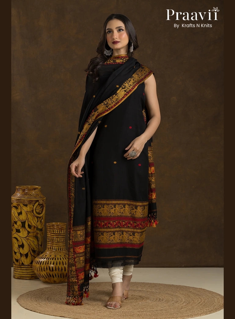 Black Cotton Baluchari Jamdani Unstitched 2-Piece Suit Set