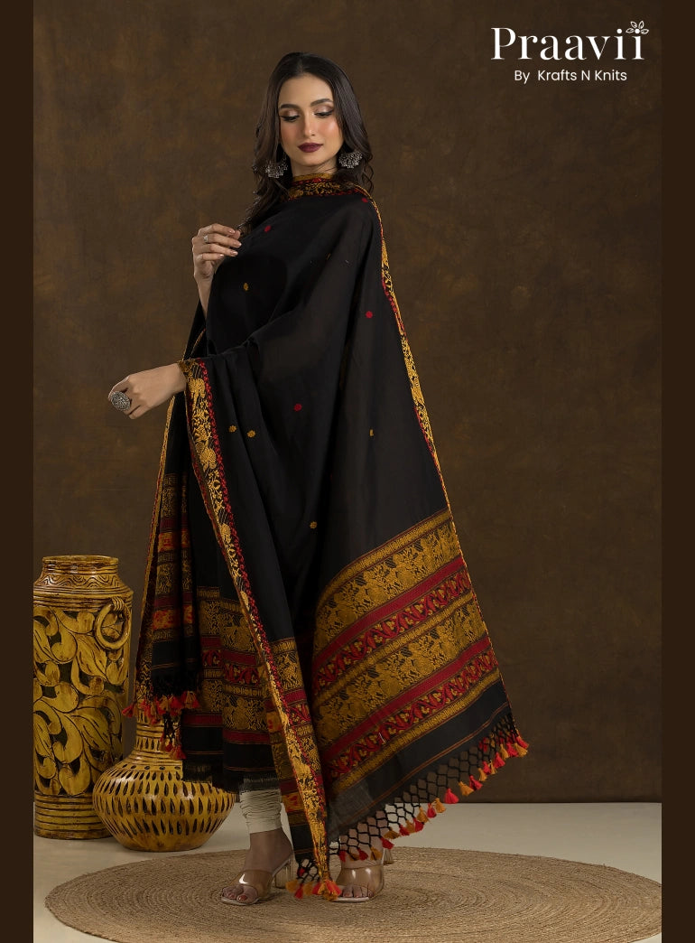 Black Cotton Baluchari Jamdani Unstitched 2-Piece Suit Set