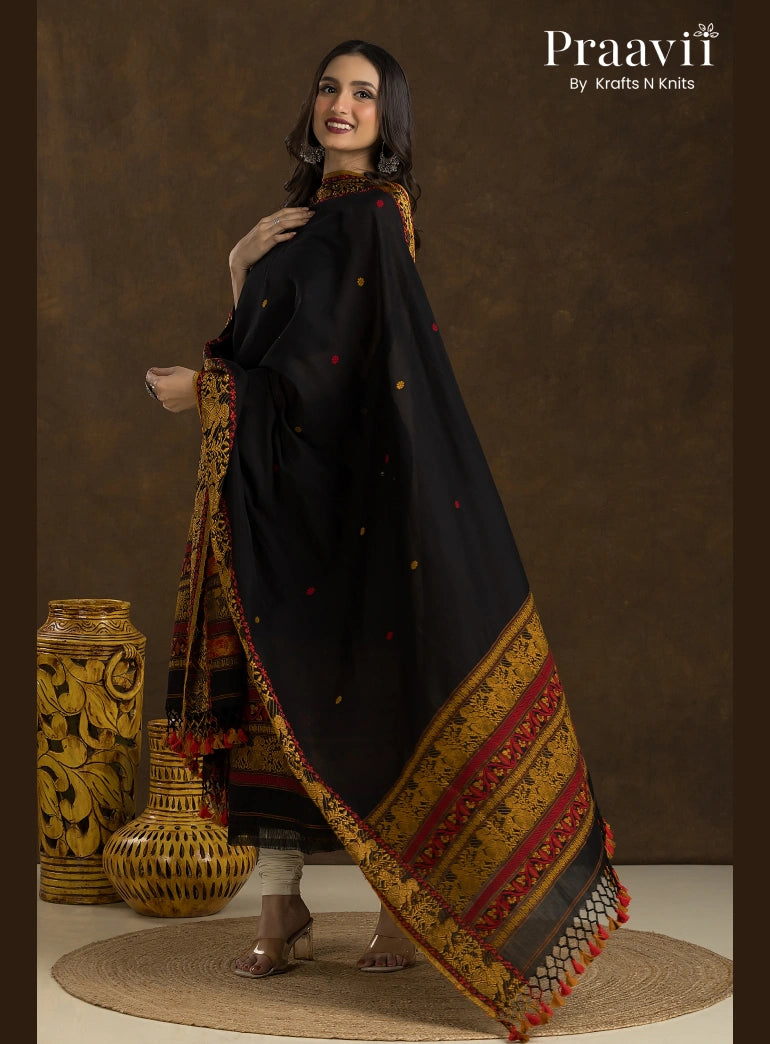 Black Cotton Baluchari Jamdani Unstitched 2-Piece Suit Set
