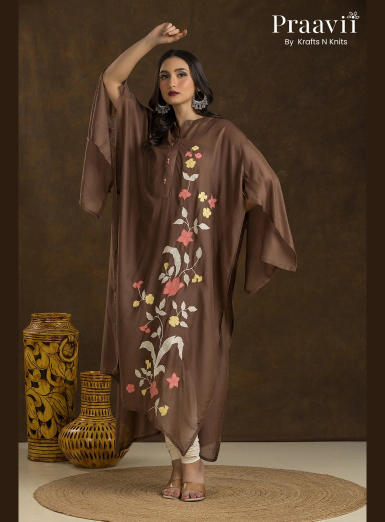 Brown Muslin with applique work  4-Piece Kurta Set