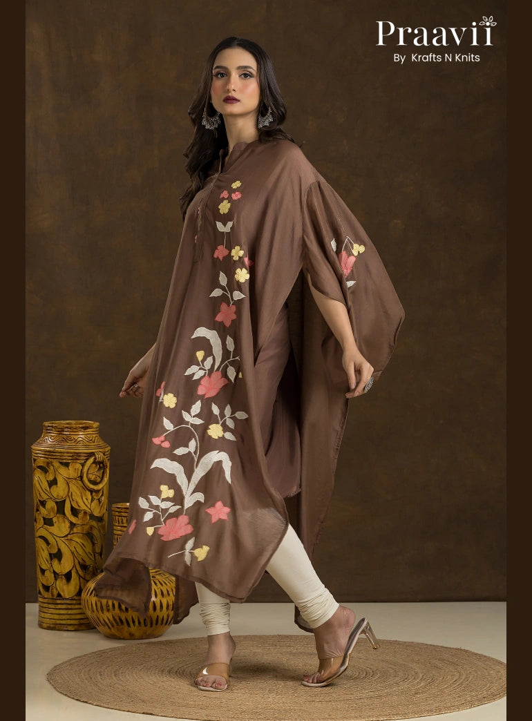Brown Muslin with applique work  4-Piece Kurta Set
