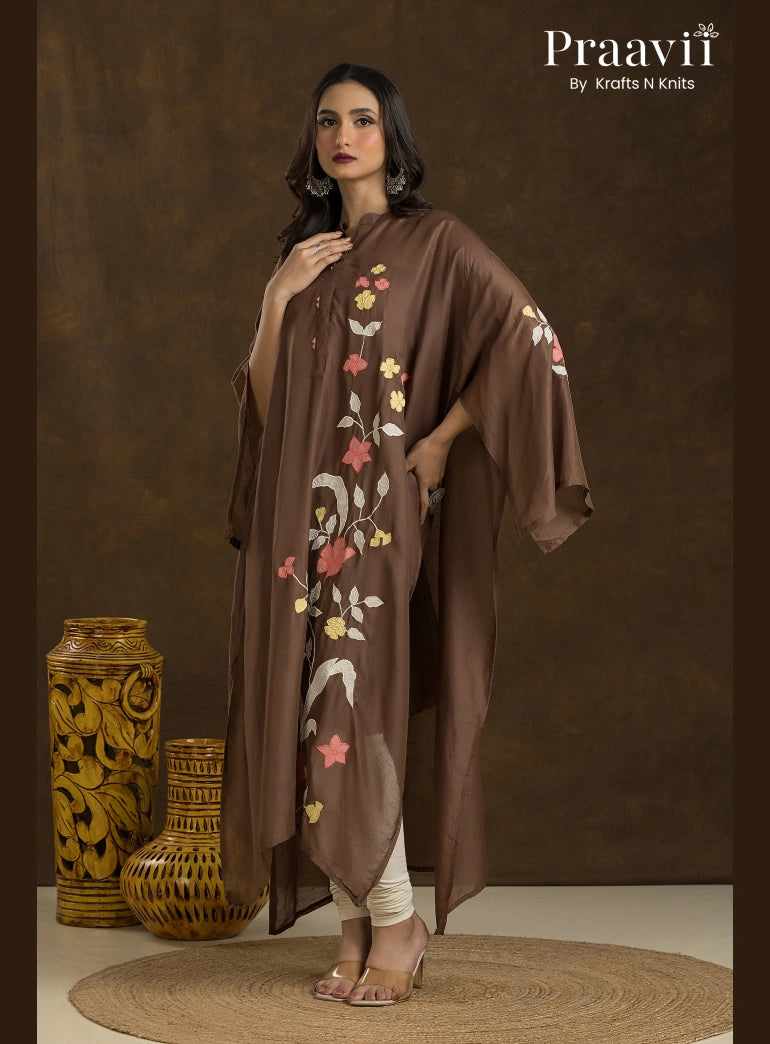 Brown Muslin with applique work  4-Piece Kurta Set