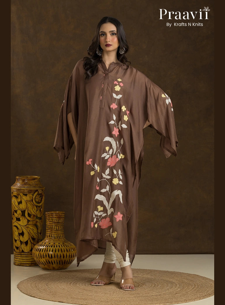 Brown Muslin with applique work  4-Piece Kurta Set