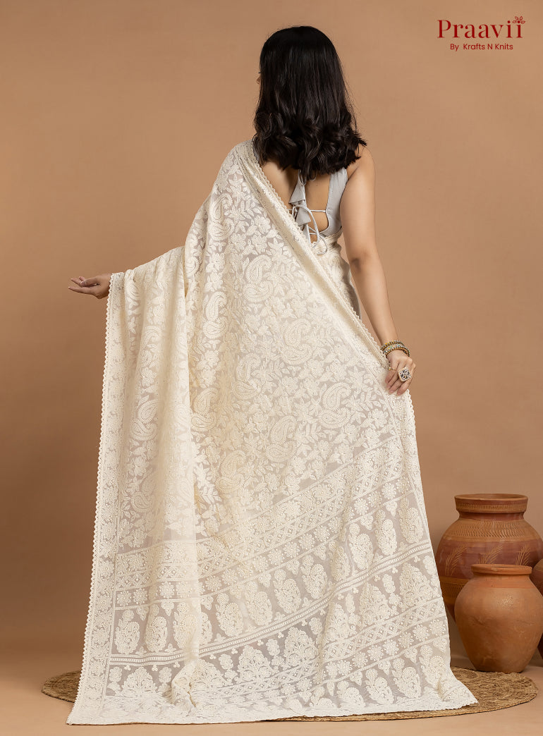 Kairi Off-White Georgette Lucknow Chikankari Saree