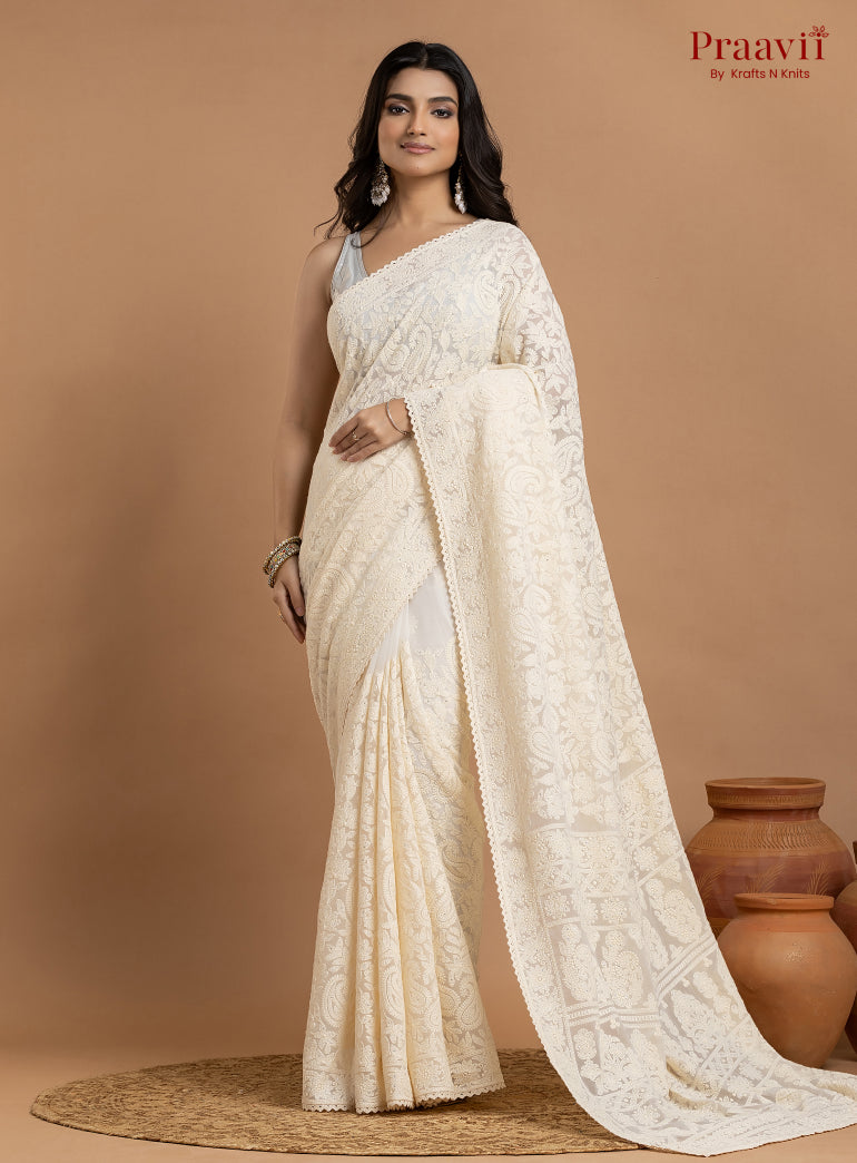 Kairi Off-White Georgette Lucknow Chikankari Saree