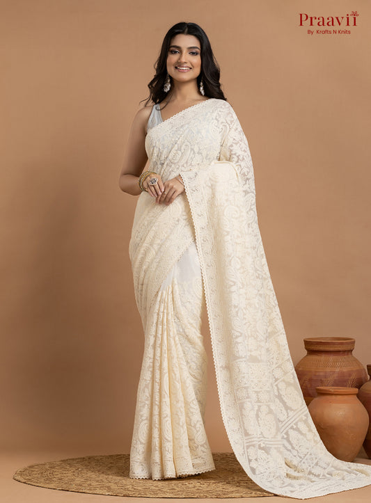 Kairi Off-White Georgette Lucknow Chikankari Saree