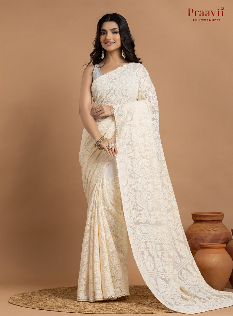 Kairi Off-White Georgette Lucknow Chikankari Saree