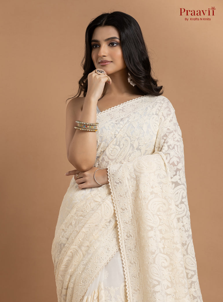 Kairi Off-White Georgette Lucknow Chikankari Saree