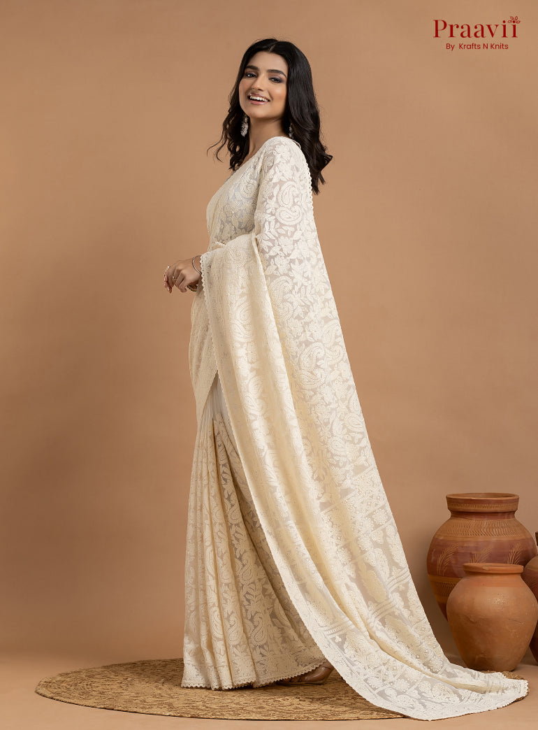 Kairi Off-White Georgette Lucknow Chikankari Saree