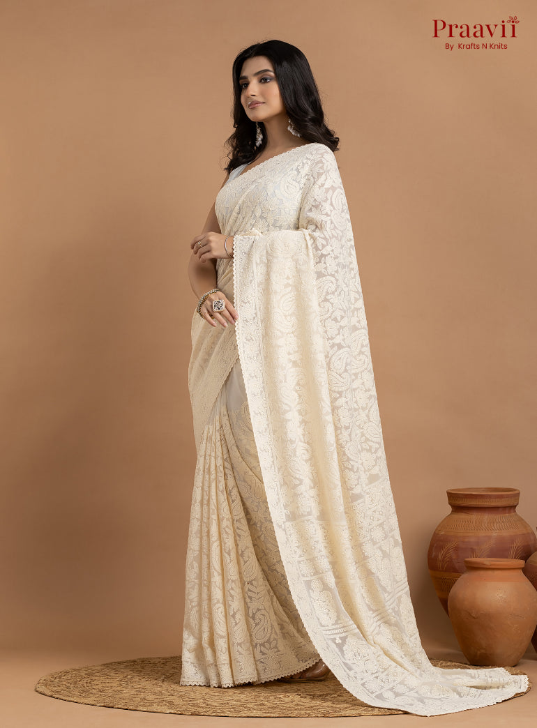 Kairi Off-White Georgette Lucknow Chikankari Saree