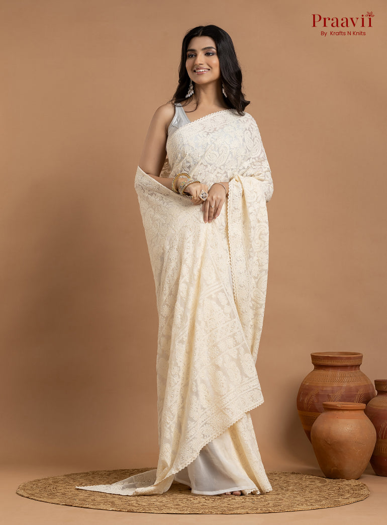 Kairi Off-White Georgette Lucknow Chikankari Saree