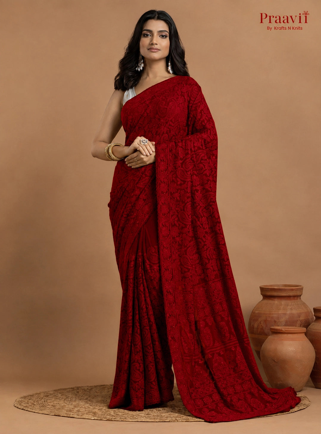 Kairi Red Georgette Lucknow Chikankari Saree