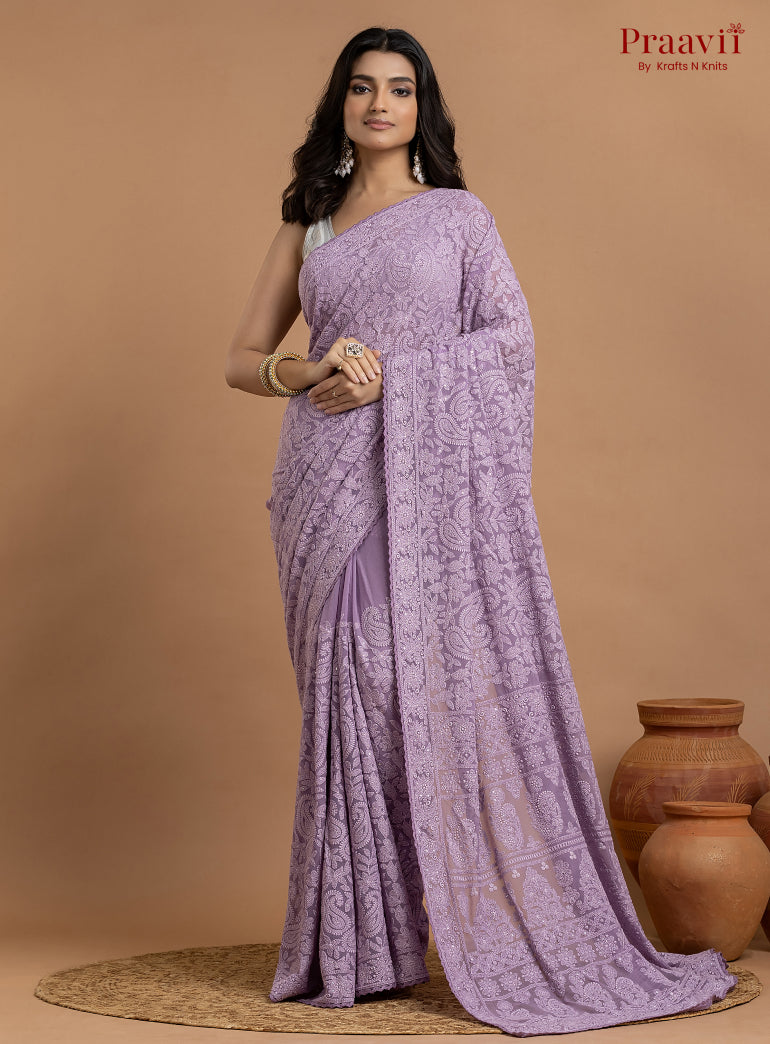 Kairi Violet Georgette Lucknow Chikankari Saree