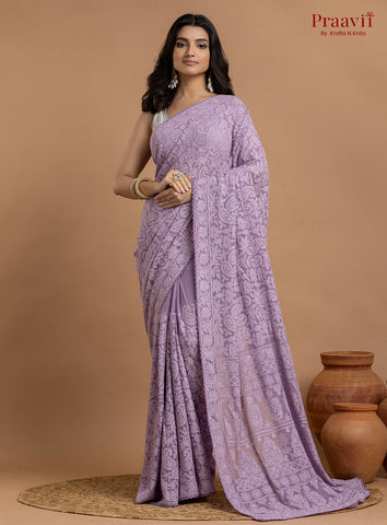 Kairi Violet Georgette Lucknow Chikankari Saree