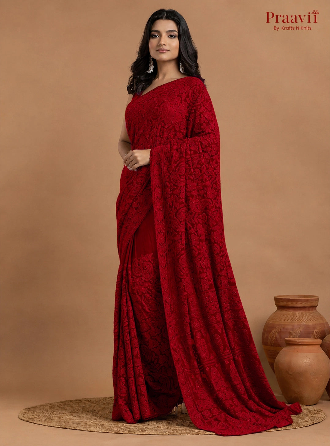 Kairi Red Georgette Lucknow Chikankari Saree