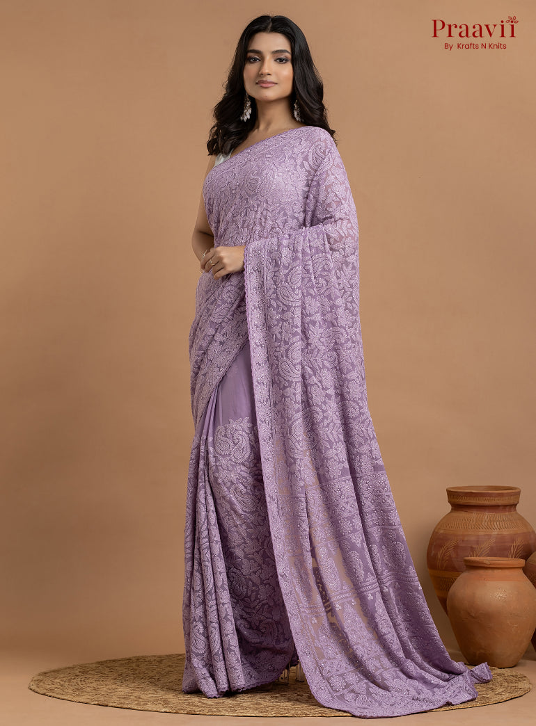Kairi Violet Georgette Lucknow Chikankari Saree