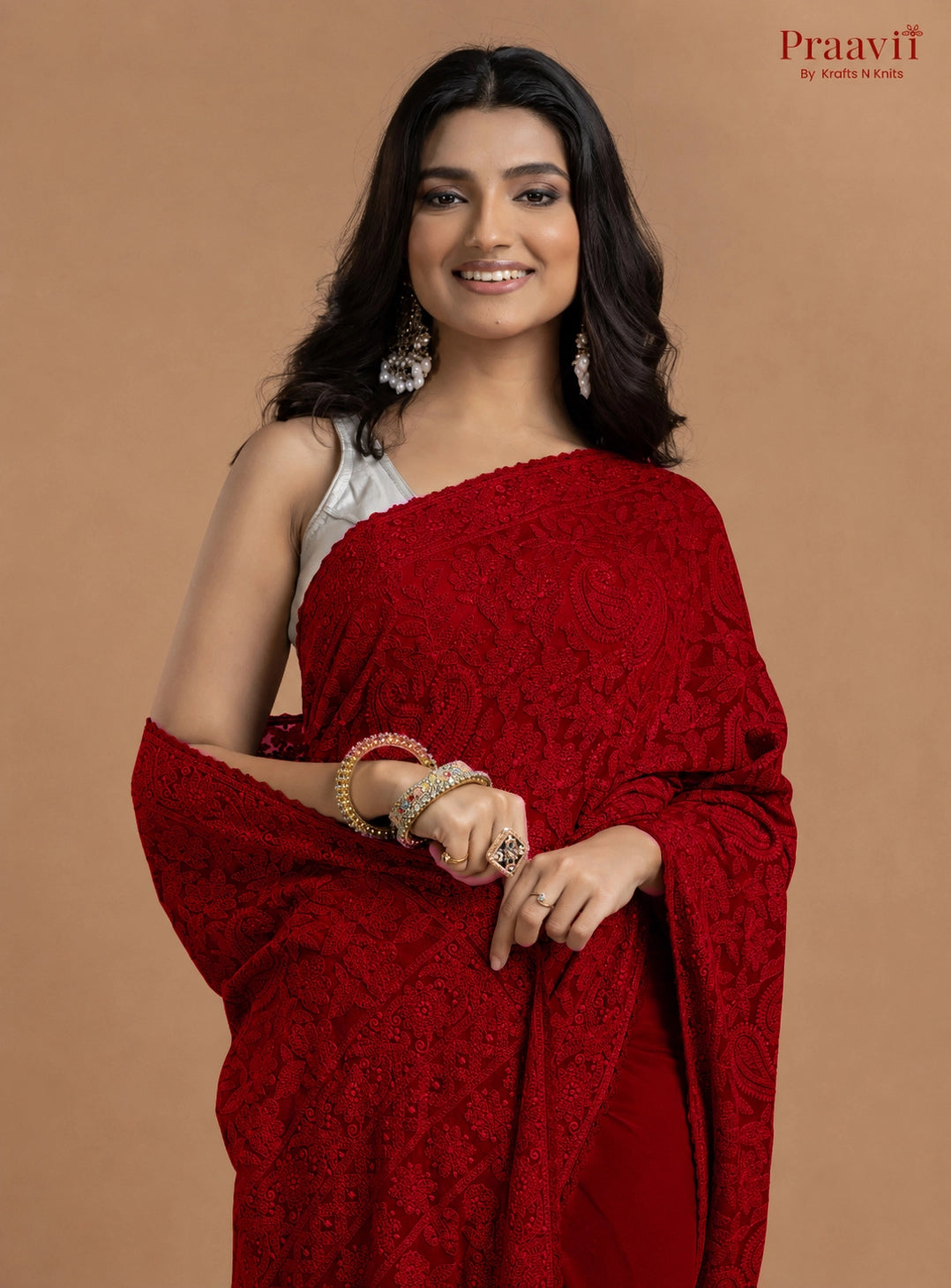 Kairi Red Georgette Lucknow Chikankari Saree