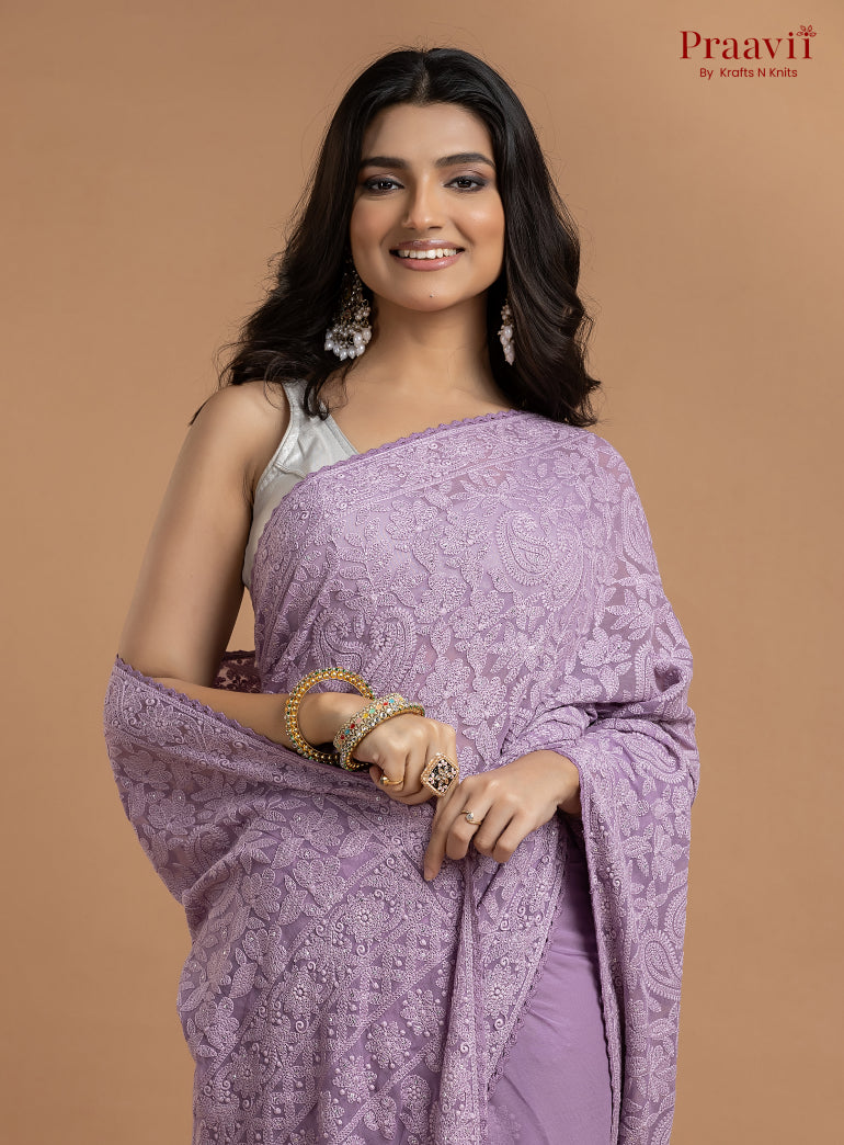 Kairi Violet Georgette Lucknow Chikankari Saree