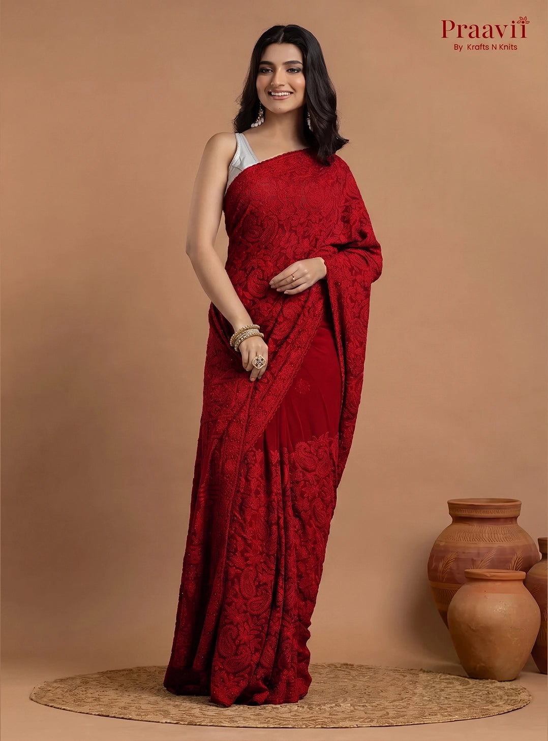 Kairi Red Georgette Lucknow Chikankari Saree