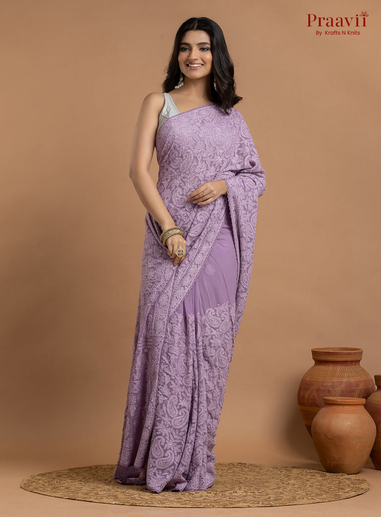 Kairi Violet Georgette Lucknow Chikankari Saree