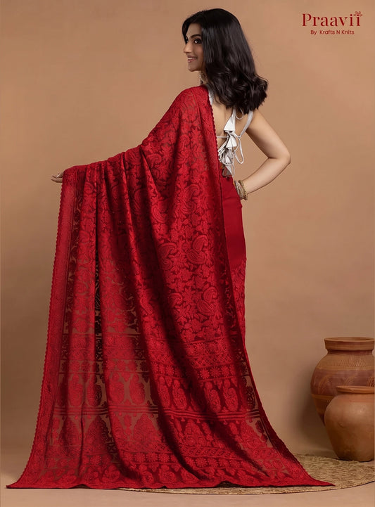 Kairi Red Georgette Chikankari Saree