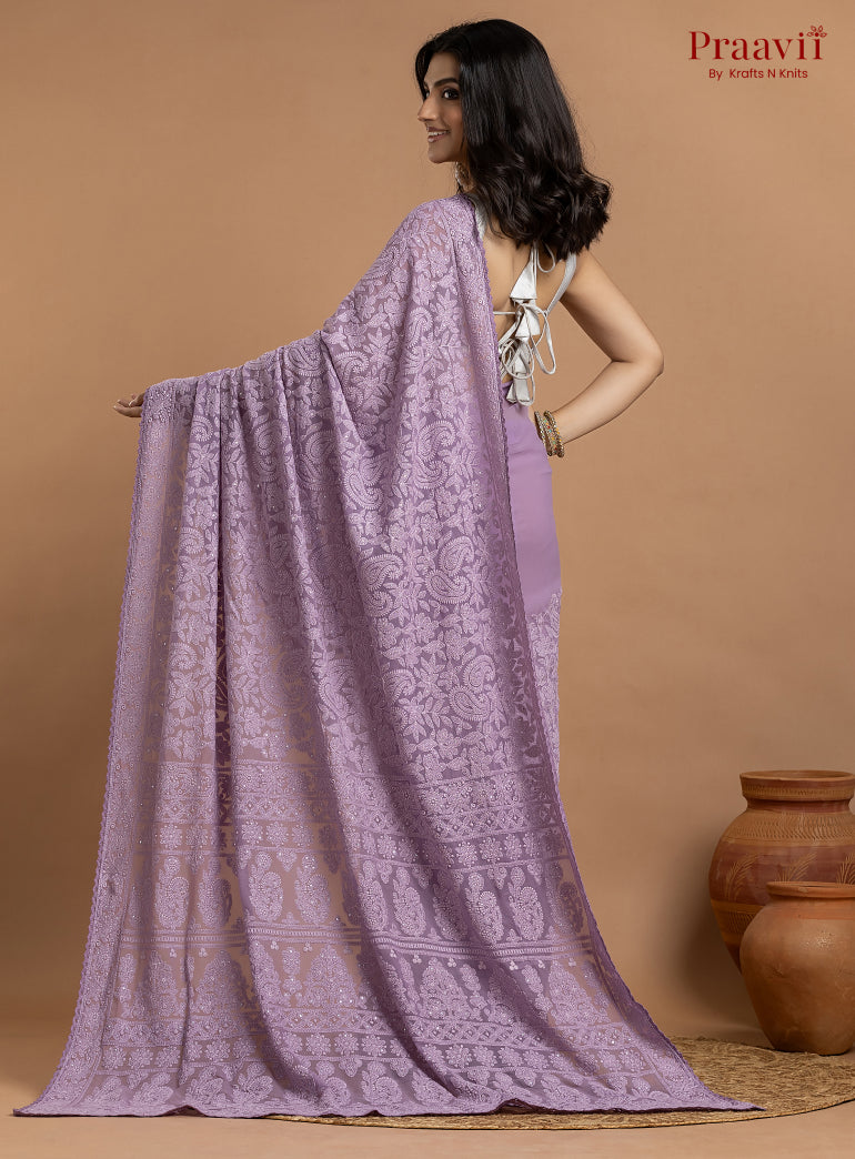 Kairi Violet Georgette Lucknow Chikankari Saree