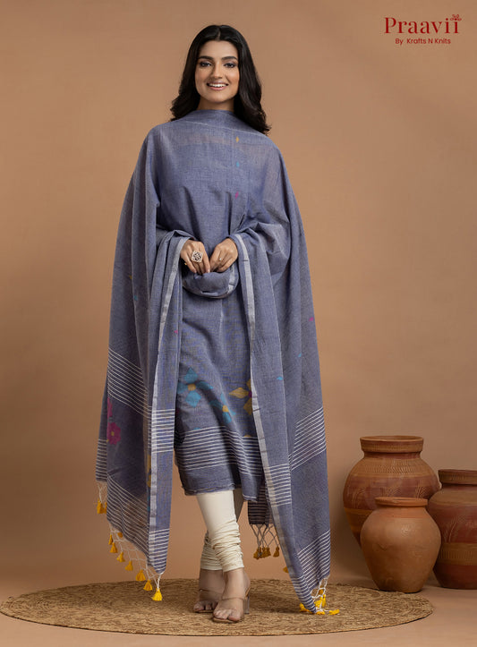 Pegion Blue Unstitched Cotton Jamdani 2-Piece Suit Set