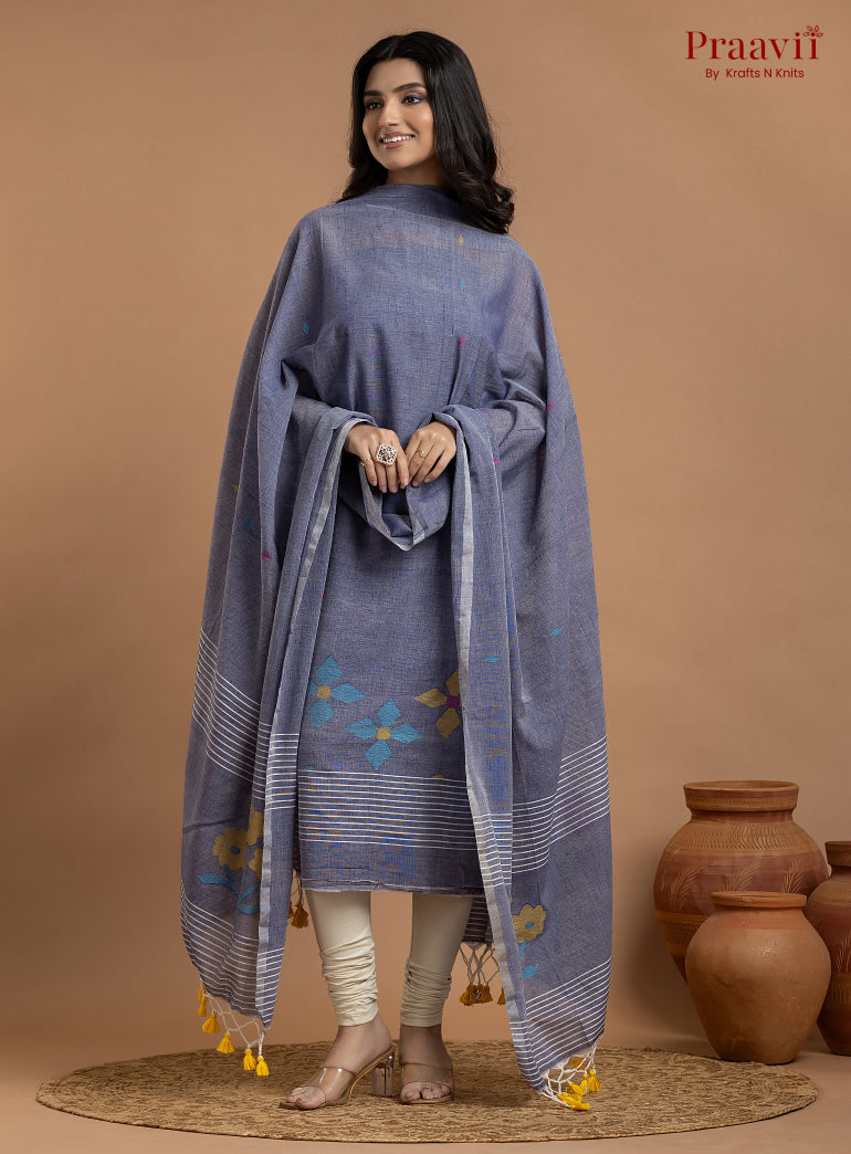 Pegion Blue Unstitched Cotton Jamdani 2-Piece Suit Set