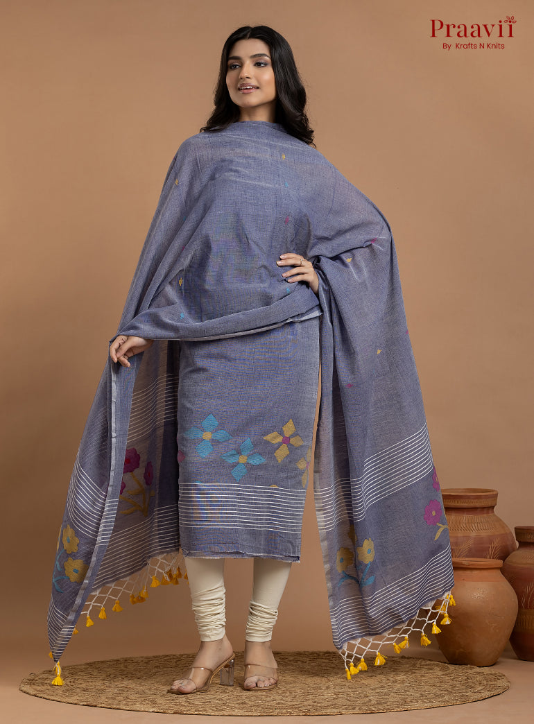 Pegion Blue Unstitched Cotton Jamdani 2-Piece Suit Set