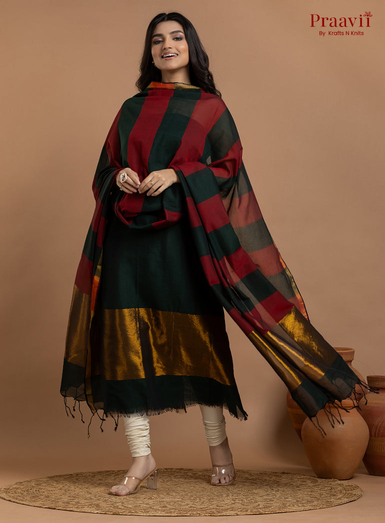 Black & Red Unstitched Maheshwari Weave 2-Piece Suit Set
