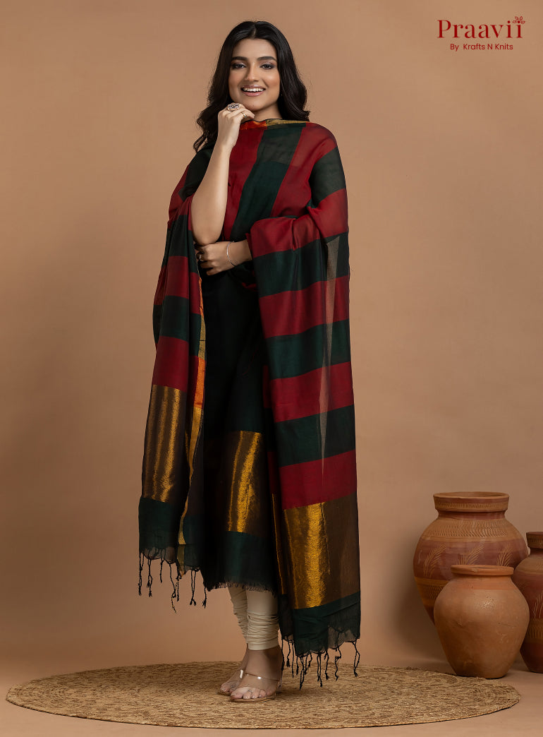 Black & Red Unstitched Maheshwari Weave 2-Piece Suit Set