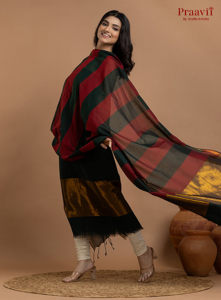 Black & Red Unstitched Maheshwari Weave 2-Piece Suit Set