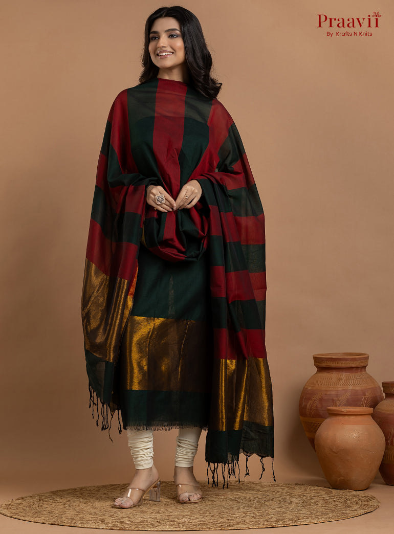 Black & Red Unstitched Maheshwari Weave 2-Piece Suit Set