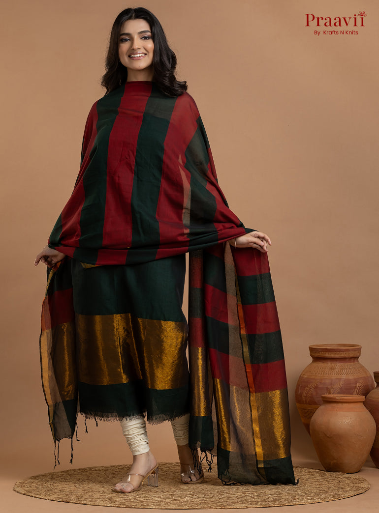 Black & Red Unstitched Maheshwari Weave 2-Piece Suit Set
