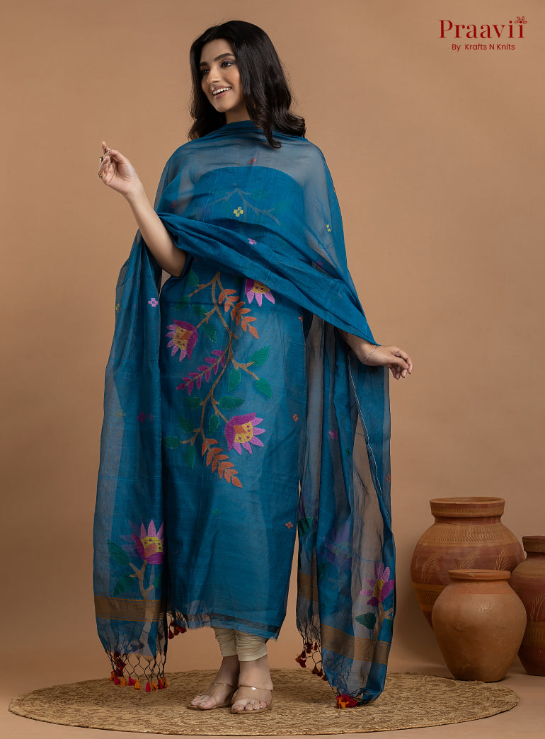 Azure Blue Unstitched Muslin Jamdani 2-Piece Suit Set