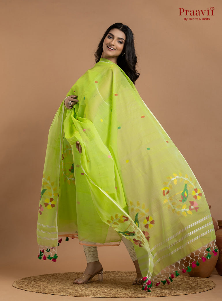 Neon Green Unstitched Muslin Jamdani 2-Piece Suit Set